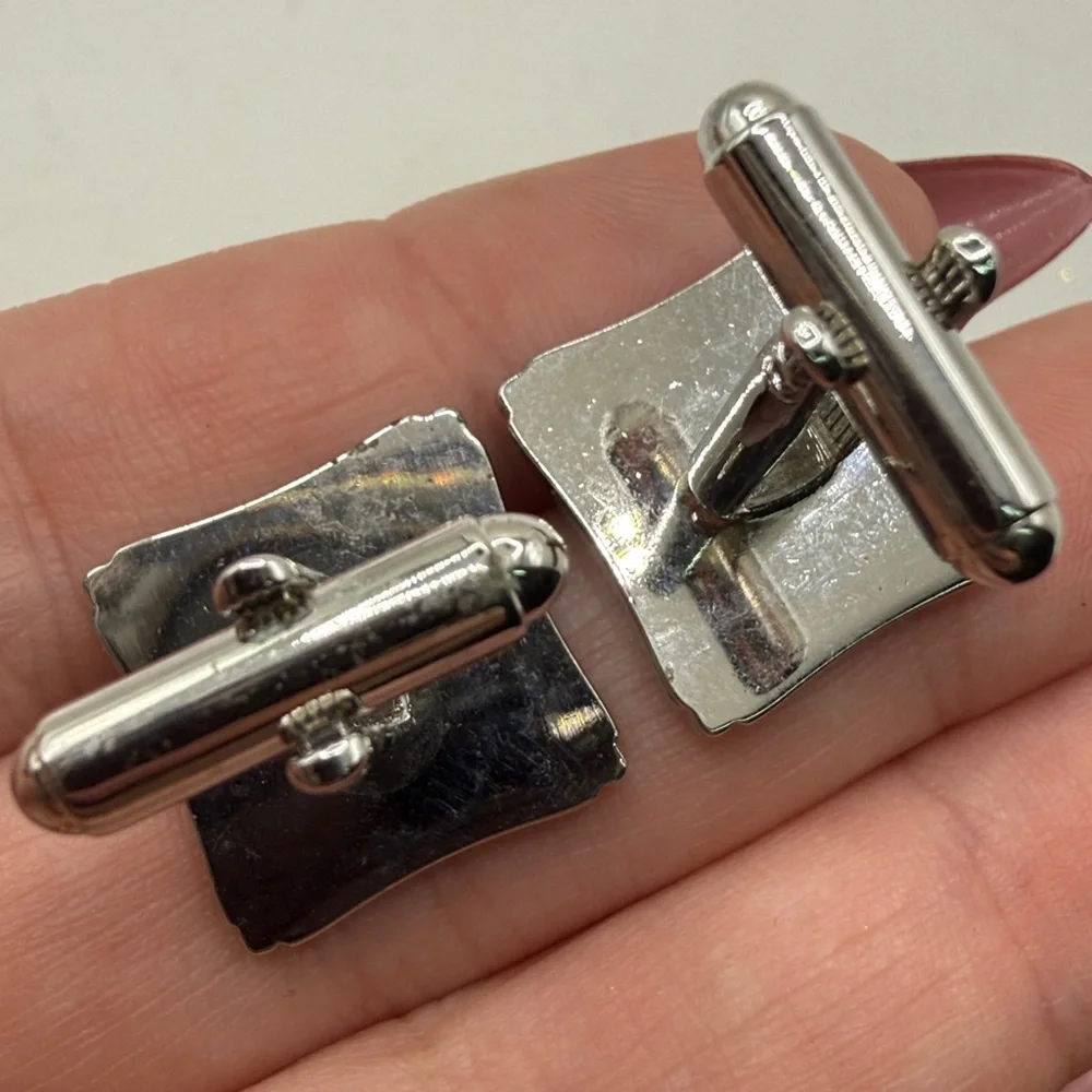 Vintage Silver Tone Black Onyx Style Square Cufflinks Cuff Links Ornate Mens